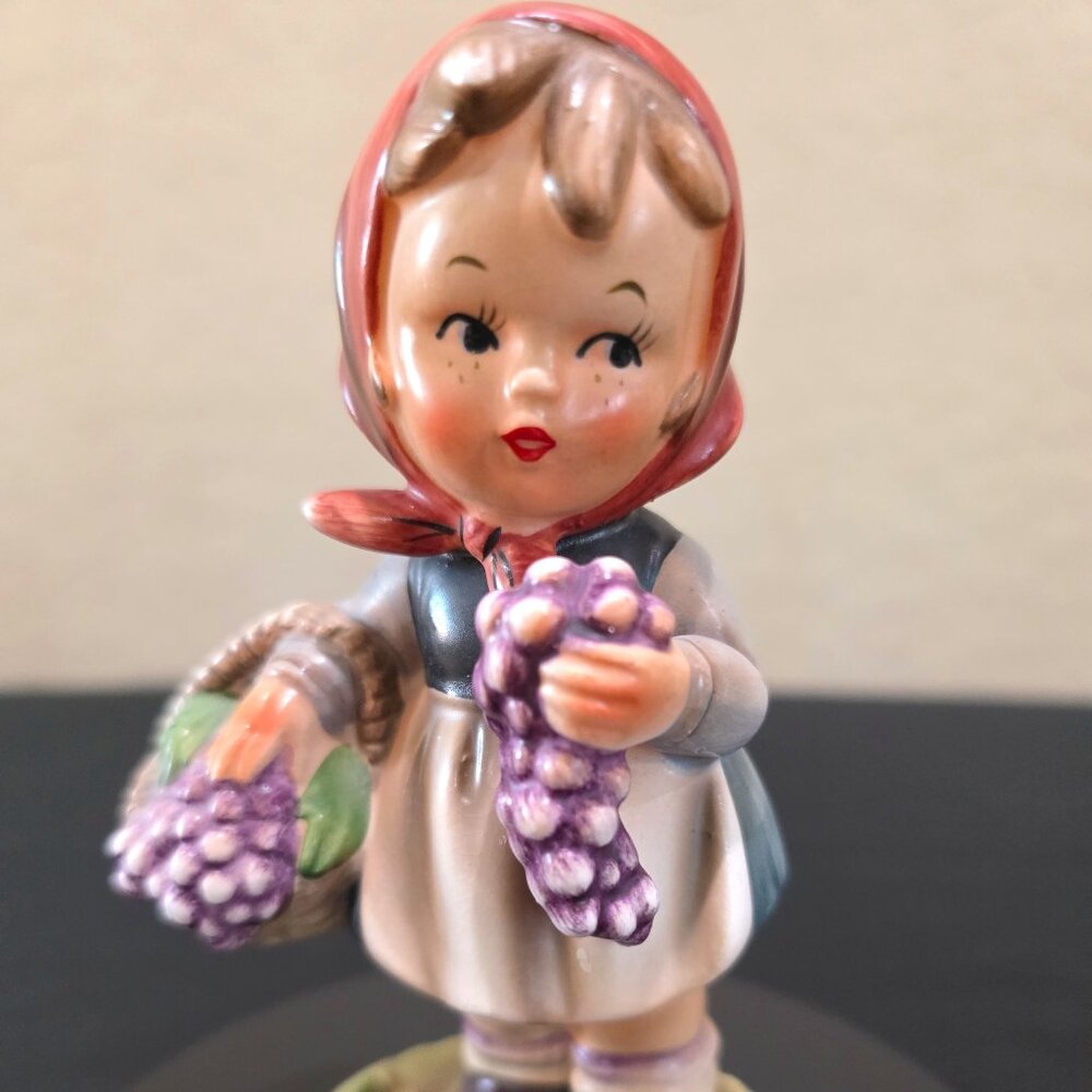 Vintage Girl Freckles Basket of Grapes Head Scarf Matte Porcelain Figurine